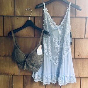 Fashion Nova Set Bundle Sheer Lace Blue Babydoll & Lace Khaki Pullover Bra Sz L